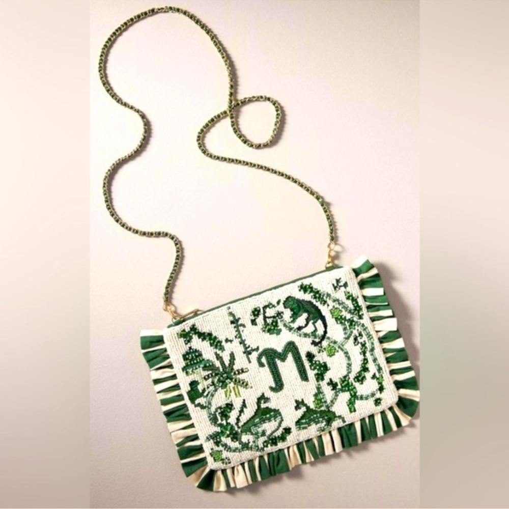 Anthropologie Green and White Monogrammed M Embroidered needs Women's Bag NWT!